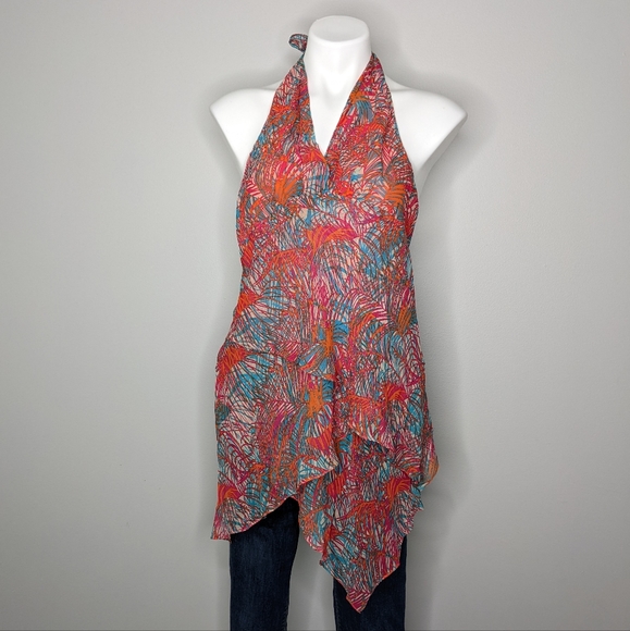 BCBGMaxAzria Tops - BCBGMAXAZRIA orange blue abstract foliage silk halter top L